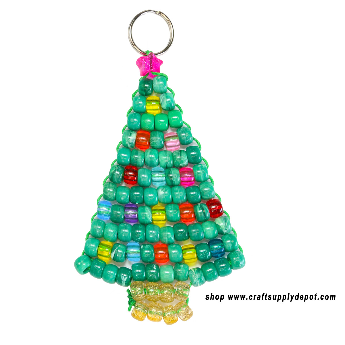 Colorful beaded Christmas tree keychain made with marbled green pony beads, glitter gold beads, and a pink star topper.