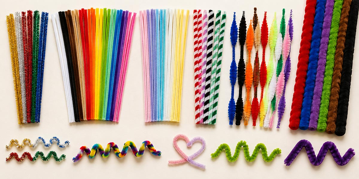 Assorted colorful pipe cleaners, chenille stems and chenille sticks arranged in a fan displaying a variety of craft colors and specialty styles.Pipe Cleaners, Chenille Stems & Chenille Sticks in Many Colors