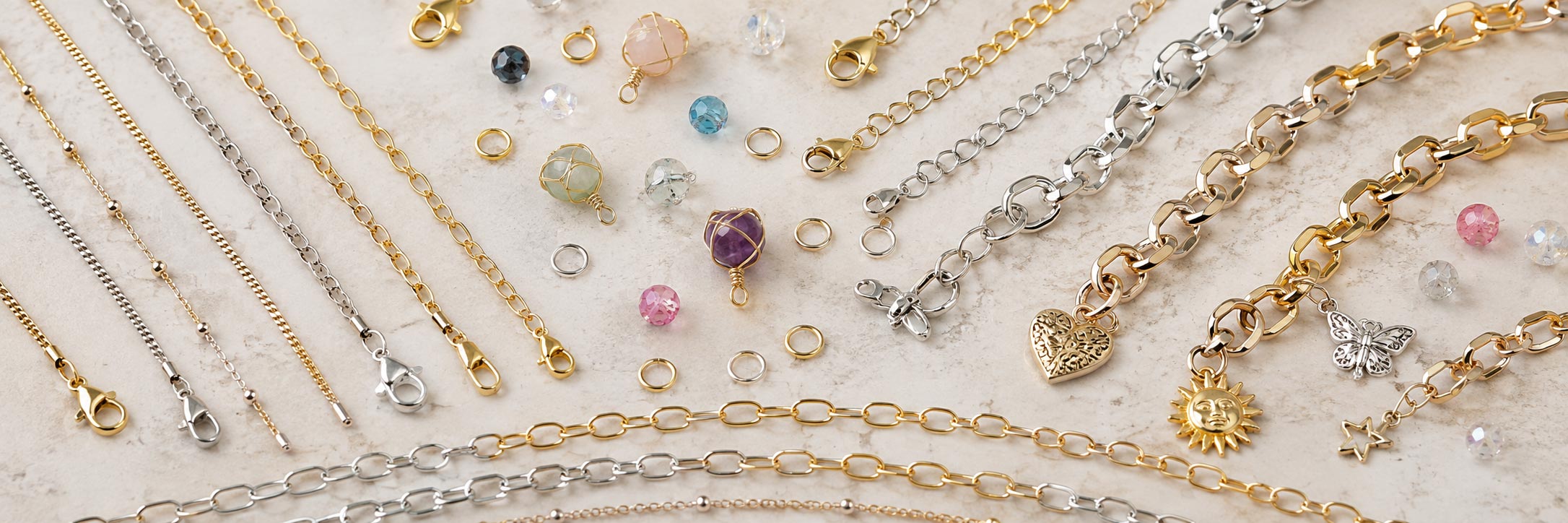 Assorted jewelry chains including necklace chains, bracelet chains, decorative chain, charm bracelet blanks and chain extenders for jewelry making and craft suppliesJewelry Chains, Necklace Chains, Bracelet Chains & Chain Extenders
