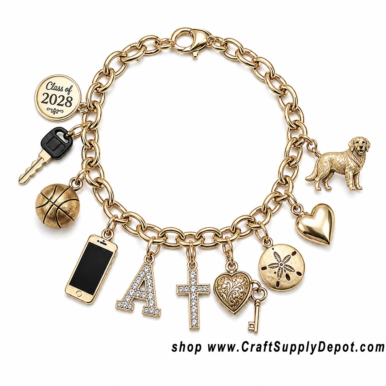 Gold empty charm bracelet blank with spring ring clasp and sturdy chain links for adding charms, beads and dangles, jewelry making supply for sale