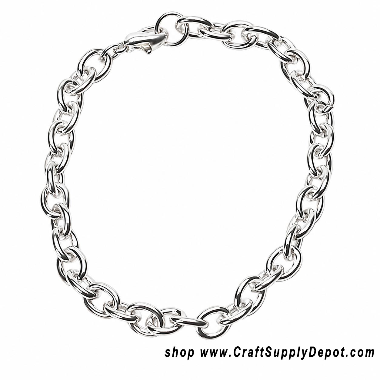 7-inch shiny silver charm bracelet base with lobster clasp, blank bracelet chain for making custom charm bracelets, jewelry making supplies for sale.
