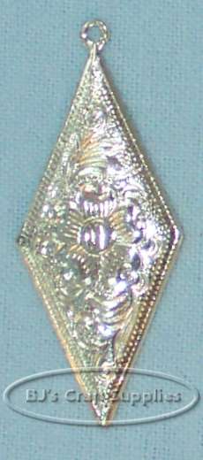 Silver tone floral Western pendant with stamped flower and leaf design, elongated diamond pendant for Southwestern necklace jewelry making