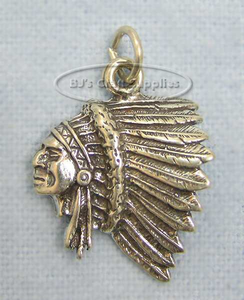 Sterling silver Indian head pendant and charm with feather headdress for Western necklace, bracelet and jewelry making