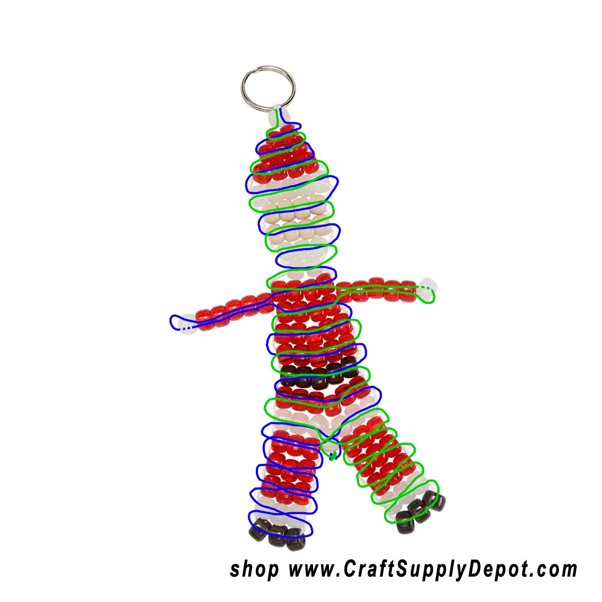 Pony bead Santa keychain pattern showing how to weave the cord through each row of beads.