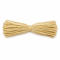 Instructional image showing a bundle of almost blonde worsted weight yarn strands tightly bound in the center, demonstrating how to make yarn doll hair.