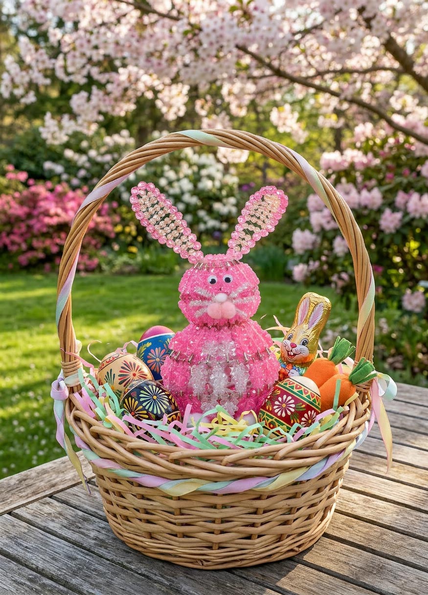 Pink Beaded Bunny in an Easter Basket