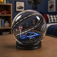 Sports car fillable ornament craft idea featuring a miniature race car and road signs for boys' room d�cor and automotive gifts.