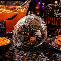 Halloween fillable ornament miniature scene featuring a ghost, pumpkin, and spooky woodland decorations for Halloween home d�cor.