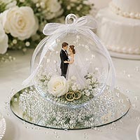 Personalized wedding fillable ornament featuring the couple's names, wedding rings, and elegant wedding d�cor accents.
