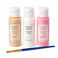 Three bottles of acrylic craft paint in flesh tone, white, and pink with a small paintbrush on a white background, commonly used for painting doll faces, fabric dolls, doll pins, and other decorative craft projects.
