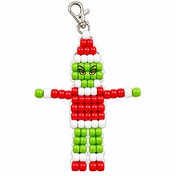 Free pony bead pattern and instructions for making a beaded grinch keychain, Christmas ornament or grinch Christmas decoration.