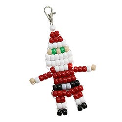 Free pony bead Santa Claus keychain pattern with illustrated instructions for making a beaded Santa Christmas ornament.