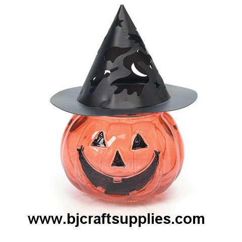 Glass Pumpkin Candle Holder with Vented Metal Hat